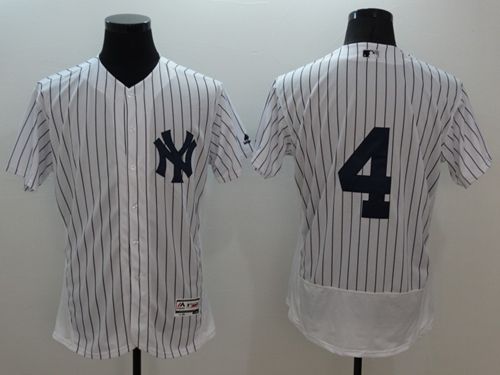 Yankees #4 Lou Gehrig White Strip Flexbase Authentic Collection Stitched MLB Jersey - Click Image to Close